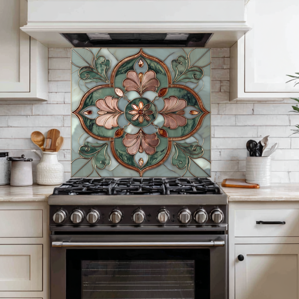 Green Glass Backsplash, Ottoman Tile Look Tempered Glass Kitchen Splashback For Stove Behind, Copper Look Backsplash, Oven Backsplashes