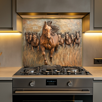 Glass Backsplash with Copper Horses, Tempered Wall Art Panel, Horse Kitchen Decor, Rustic Animal Tile
