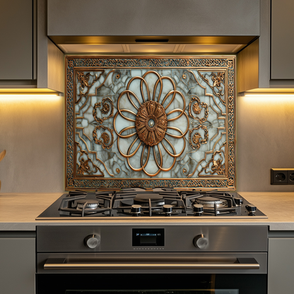 Copper Look Ottoman Tile Pattern Printed Tempered Glass Kitchen Backsplash Decorative Wall Panel for Stove Behind and Interior Decor