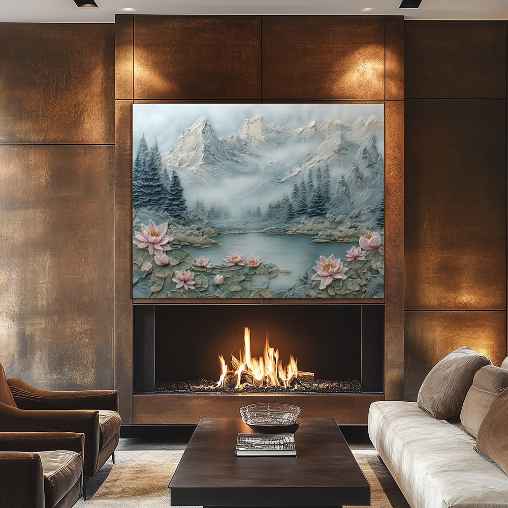 Made in USA, Floral Landscape Tempered Glass Backsplash Behind Stove & Wall Art – Rustic Pine Tree Splashback