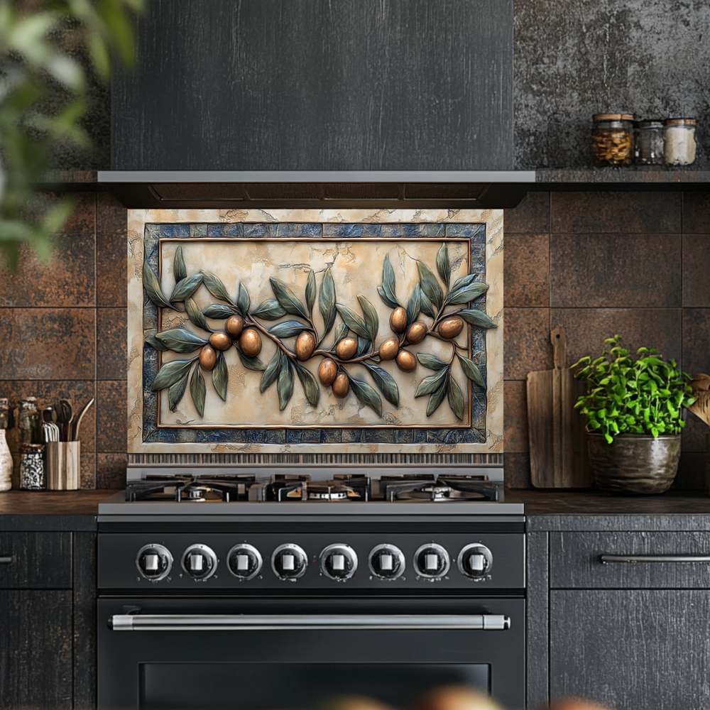 Copper Look Olive Branches One Piece Tempered Glass Kitchen Splashback For Stove Behind, Kitchen Backsplash, Wall Art