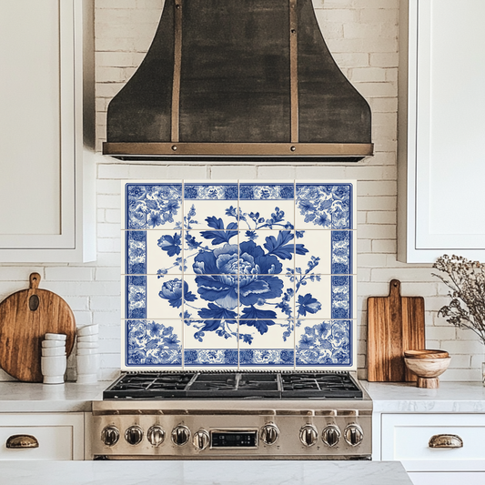 Floral Delft Blue Glass Backsplash, Blue White Dutch Style Wall Art, Custom Printed Glass Panel, Made in USA