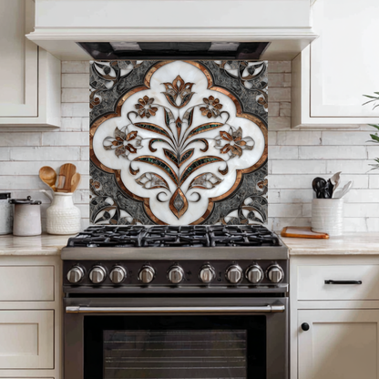 Ottoman Pattern on Marble Print Background Glass Backsplash for Kitchen Stove, Custom Wall Art, Heat-Resistant Kitchen Decor