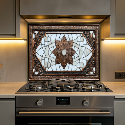 Copper Ottoman Tile Pattern Printed Tempered Glass Kitchen Splashback Backsplash Decorative Wall Panel for Stove Behind and Interior Decor