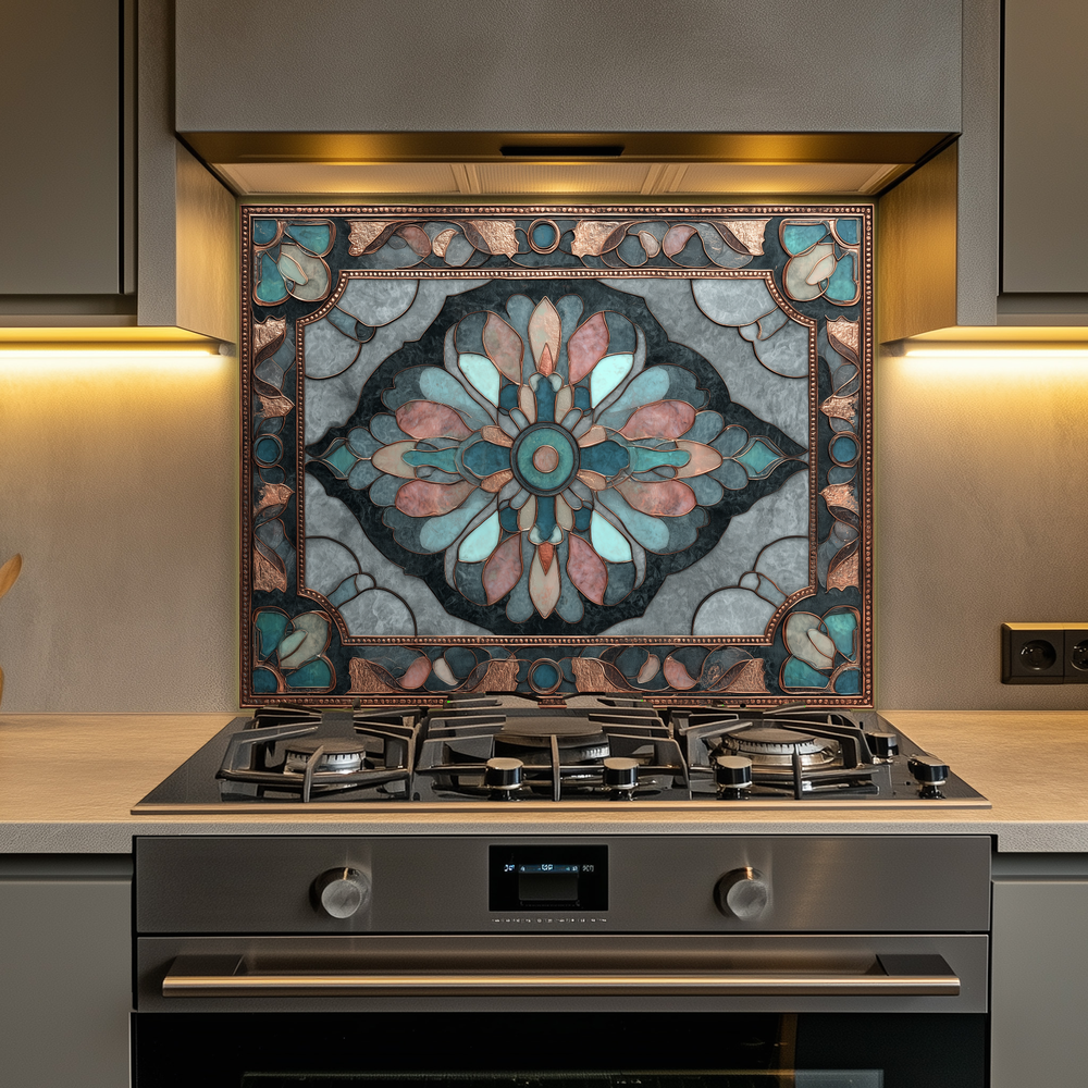 Ottoman Pattern on Marble Print Background Glass Backsplash for Kitchen Stove, Custom Wall Art, Heat-Resistant Kitchen Decor