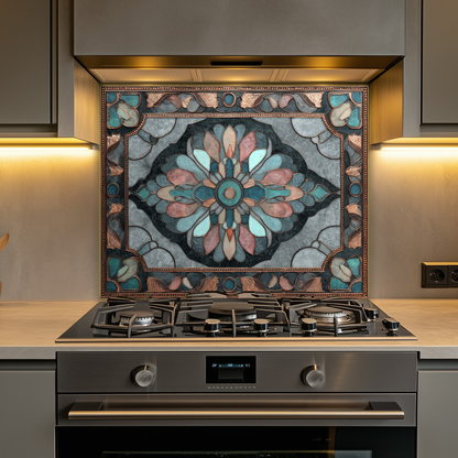 Ottoman Pattern on Marble Print Background Glass Backsplash for Kitchen Stove, Custom Wall Art, Heat-Resistant Kitchen Decor