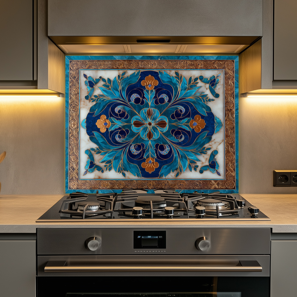 Blue Traditional Glass Backsplash Panel for Kitchen, Tempered Glass Wall Art, Classic Tile Pattern Decor