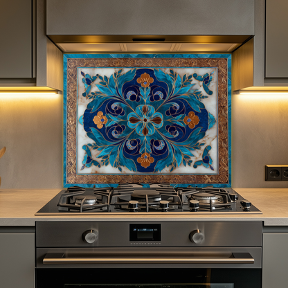 Blue Traditional Glass Backsplash Panel for Kitchen, Tempered Glass Wall Art, Classic Tile Pattern Decor