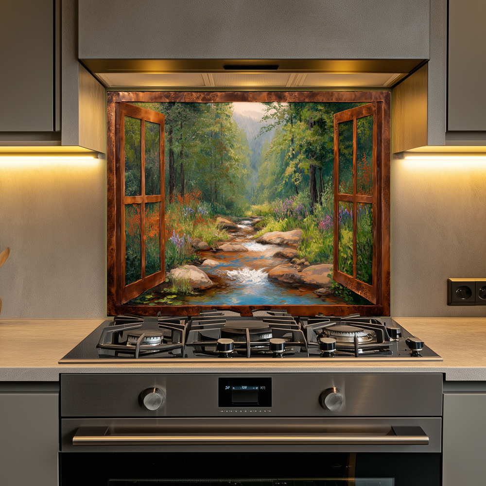 Nature View Glass Backsplash Panel, Scenic Landscape Tempered Glass Wall Art, Serene Kitchen Decor, Window Style Nature Scene, Home Accent