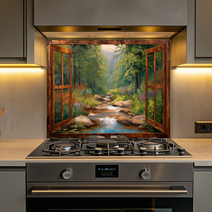 Nature View Glass Backsplash Panel, Scenic Landscape Tempered Glass Wall Art, Serene Kitchen Decor, Window Style Nature Scene, Home Accent