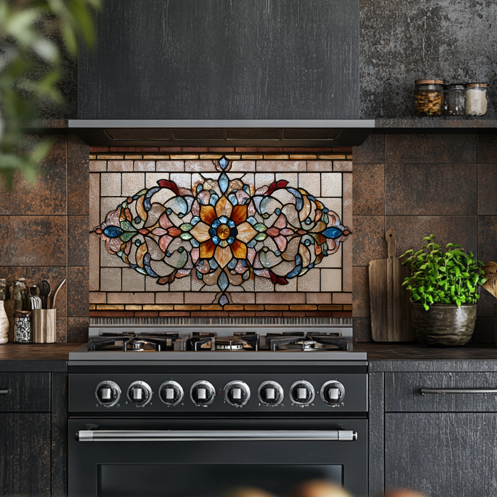 Kitchen Glass Backsplash with Stained Glass Style Design, UV Printed Tempered Glass Panel, Timeless Home Wall Art