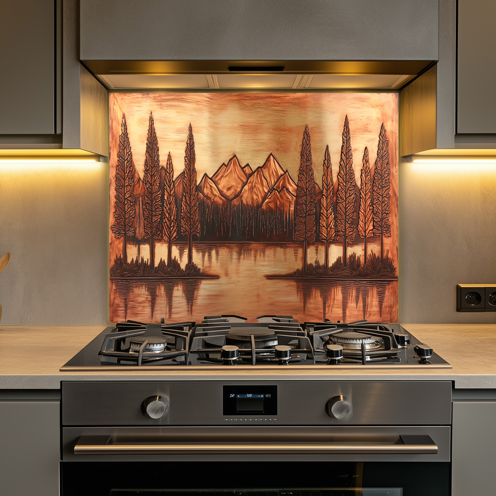 Copper Tone Mountain & Glass Tree Landscape Printed Tempered Glass Kitchen Backsplash Splashback or Wall Art Panel