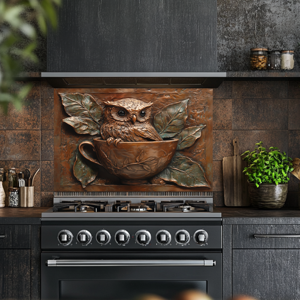 Rustic Owl Copper Look Glass Backsplash Panel, Embossed Style Owl Print on Tempered Glass Wall Art, Artistic Kitchen Splashback