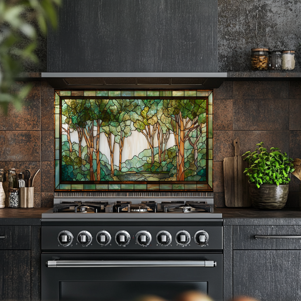 Stained Glass Look Forest Backsplash, Woodland Tree Scene Printed on Tempered Glass, Nature Inspired Kitchen Wall Art Panel
