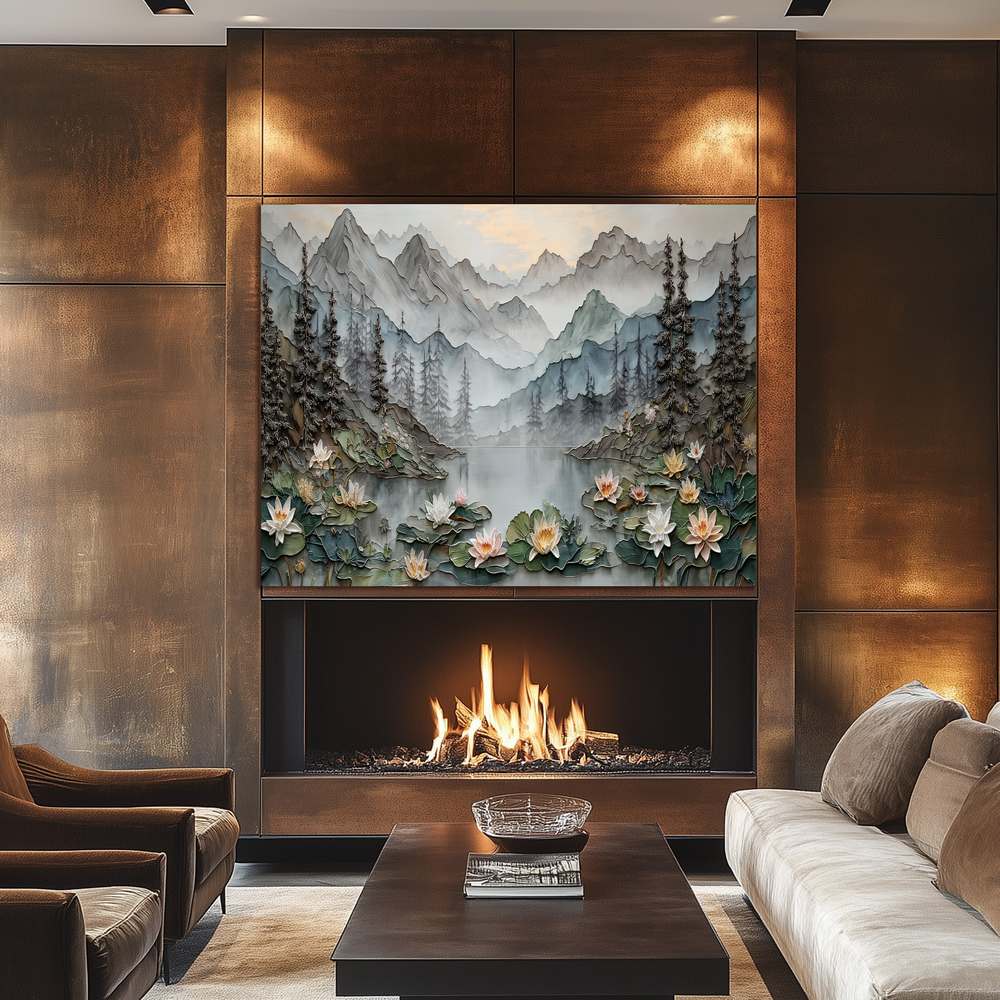 Made in USA, Floral Landscape Glass Backsplash & Wall Art – Pine Tree Splashback