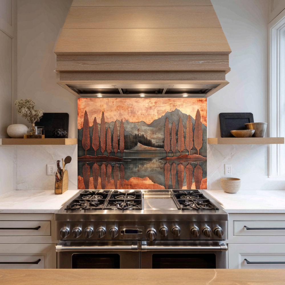 Copper Look Nature Landscape Glass Backsplash • Rustic Wall Art Panel • Mountain River Home Decor • Earthy Decorative Piece