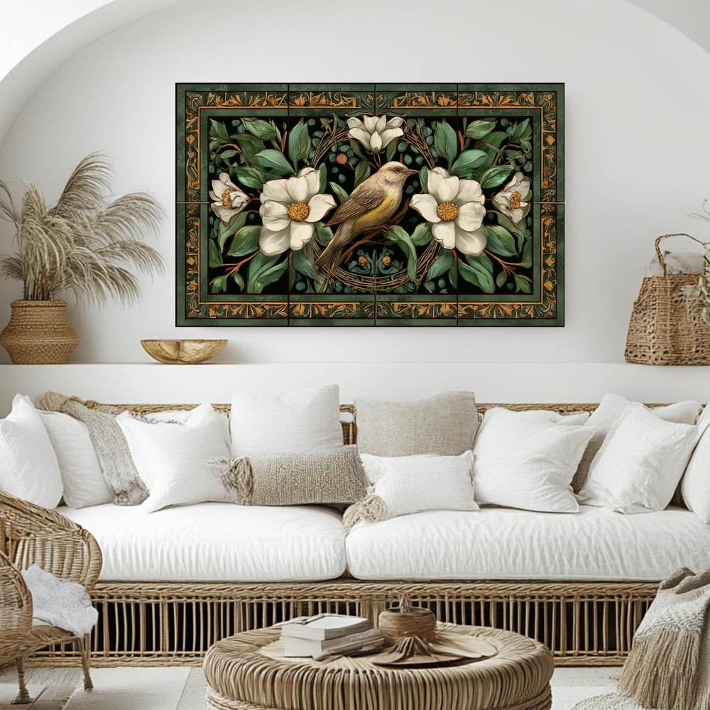 Bird and Floral Glass Backsplash Tile, Decorative Kitchen Wall Art, Custom Glass Panel, Made in USA