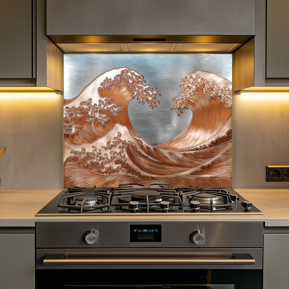 Copper Look Ocean Wave Glass Backsplash • Coastal Wall Art Panel • Artistic Blue Water Kitchen Decor • Textured Inspired Ocean Tile