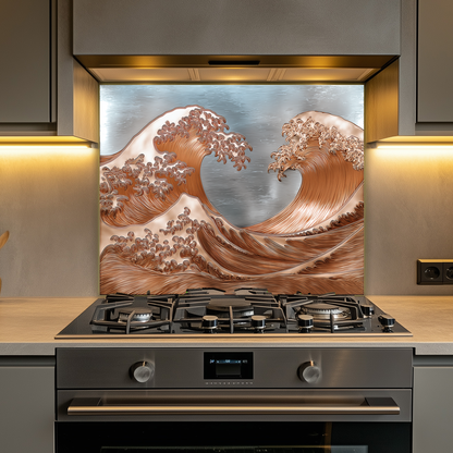 Copper Look Ocean Wave Glass Backsplash • Coastal Wall Art Panel • Artistic Blue Water Kitchen Decor • Textured Inspired Ocean Tile