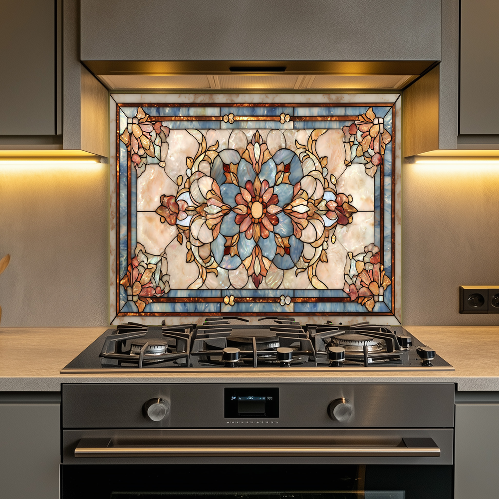 Floral Stained Glass Look Glass Backsplash • Artistic Flower Wall Panel • Colorful Botanical Kitchen Art • Modern Decorative Piece