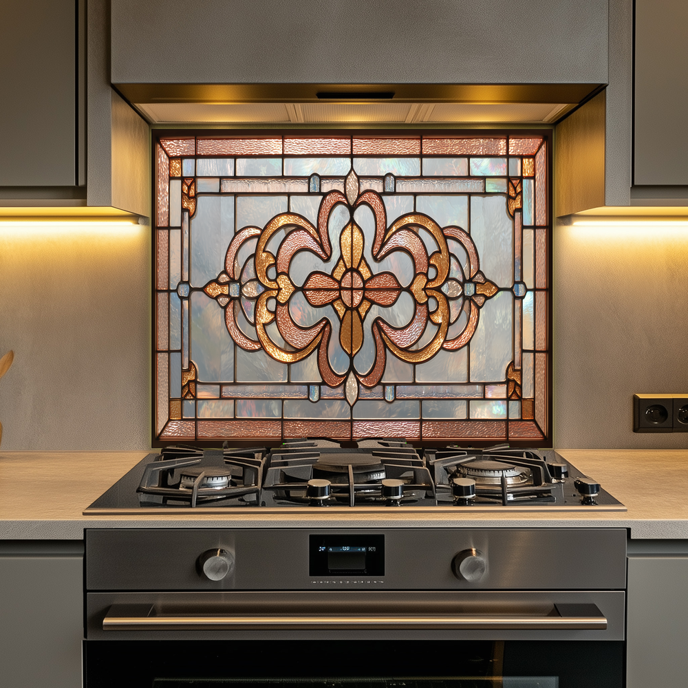 Classic Stained Glass Look Backsplash Panel, Tempered Glass Wall Art, Timeless Color Design, Elegant Kitchen Decor, Stove Protector