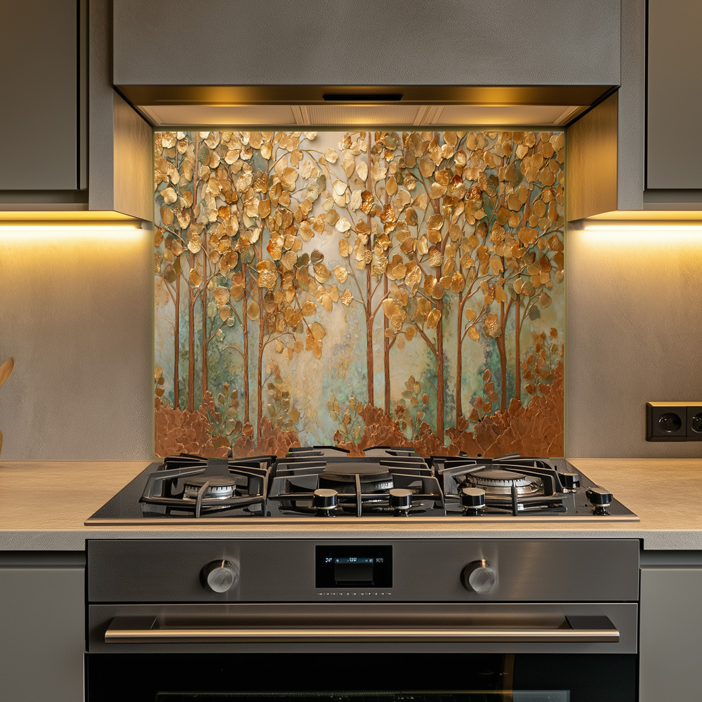 Forest Nature Artwork in Copper Tones Printed Tempered Glass Kitchen Splashback Backsplash Wall Panel for Modern Rustic Decor