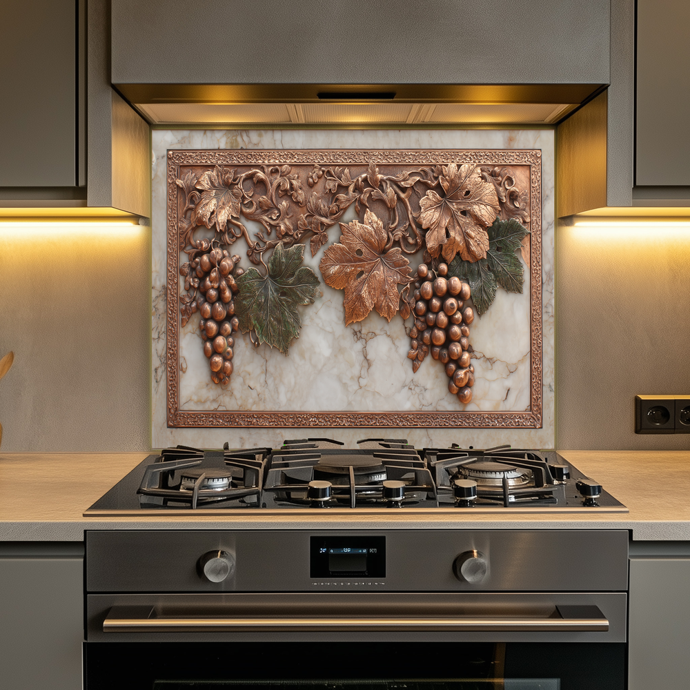 Copper Grape and Vine on Marble Design Printed Tempered Glass Kitchen Backsplash Splashback Decorative Wall Panel for Modern Home Decor