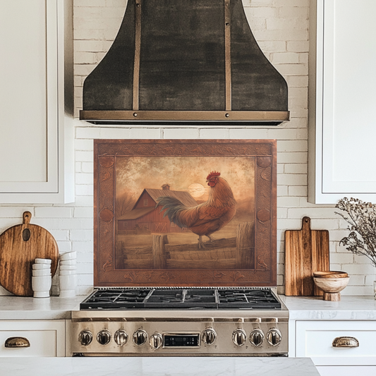 Copper Embossed Look Mediterranean Rooster Glass Backsplash • Rustic Kitchen Panel • Artistic Farmhouse Tile Design • Traditional Wall Piece