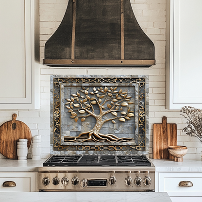 Carved Look Tree of Life Print One Piece Tempered Glass Kitchen Splashback For Stove Behind, Kitchen Backsplash, Wall Art