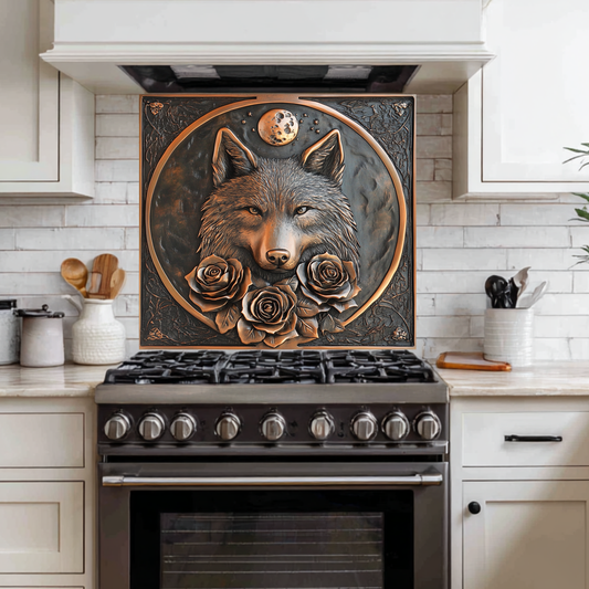 Copper Look Wolf and Roses Glass Backsplash Panel, Tempered Glass Wall Art, Rustic Kitchen Decor, Floral Wolf Design, Modern Stove Protector