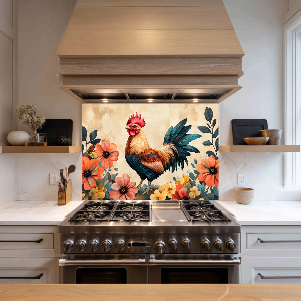 Rustic Colorful Rooster Glass Backsplash • Farmhouse Kitchen Panel • Vibrant Wall Art • Modern Home Decor • Decorative Kitchen Accent
