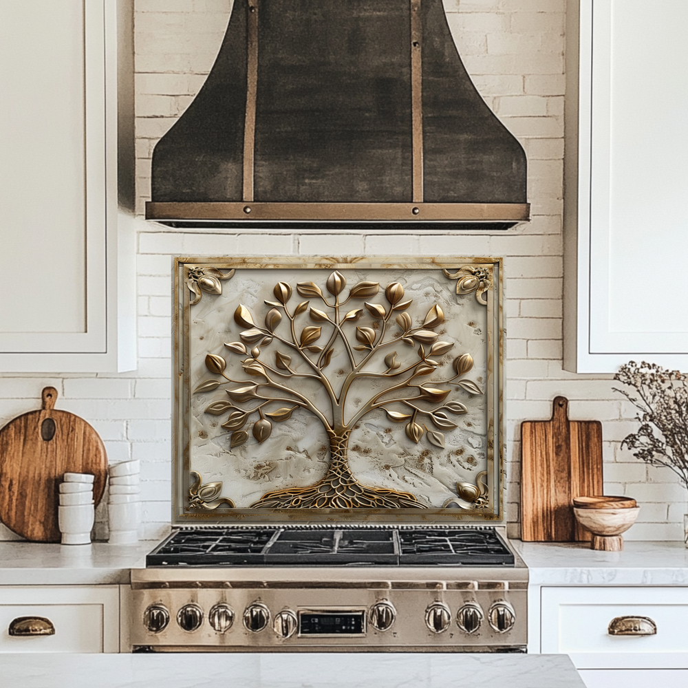 Stone Background Look Golden Tree of Life One Piece Tempered Glass Kitchen Splashback For Stove Behind, Kitchen Backsplash, Kitchen Backsplash, Wall Art