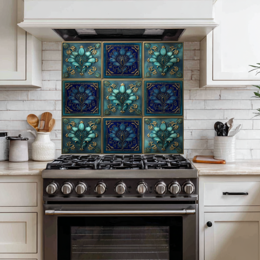 Glass Backsplash, Pattern Tile Look One Piece Tempered Glass Kitchen Splashback For Stove Behind, Blue Tile Backsplash, Kitchen Backsplash