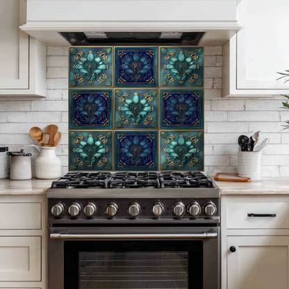 Glass Backsplash, Pattern Tile Look One Piece Tempered Glass Kitchen Splashback For Stove Behind, Blue Tile Backsplash, Kitchen Backsplash