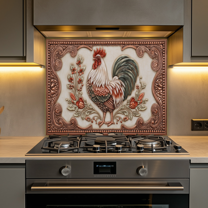 Copper Embossed Mediterranean Rooster Glass Backsplash • Rustic Kitchen Panel • Artistic Farmhouse Tile Design • Traditional Wall Piece