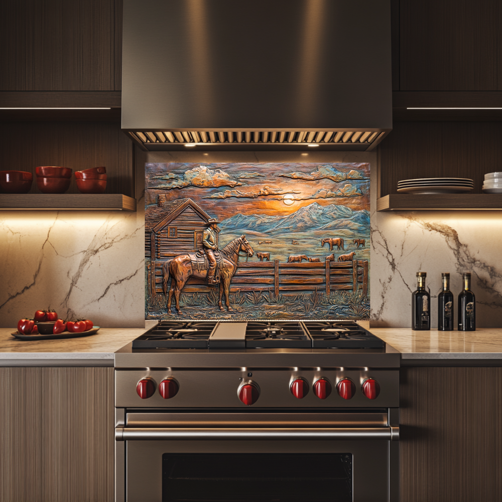 Copper Look Farm House One Piece Tempered Glass Kitchen Splashback For Stove Behind, Kitchen Backsplash, Wall Art