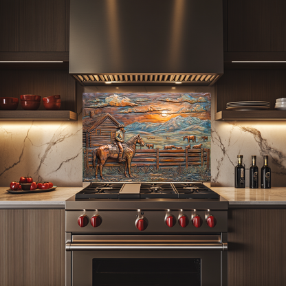 Copper Look Farm House One Piece Tempered Glass Kitchen Splashback For Stove Behind, Kitchen Backsplash, Wall Art
