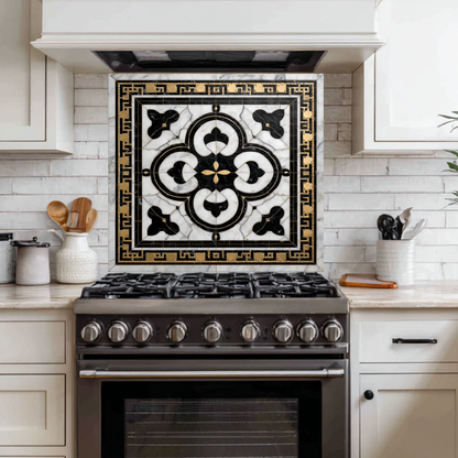 Ottoman Pattern on Marble Print Background Glass Backsplash for Kitchen Stove, Custom Wall Art, Heat-Resistant Kitchen Decor