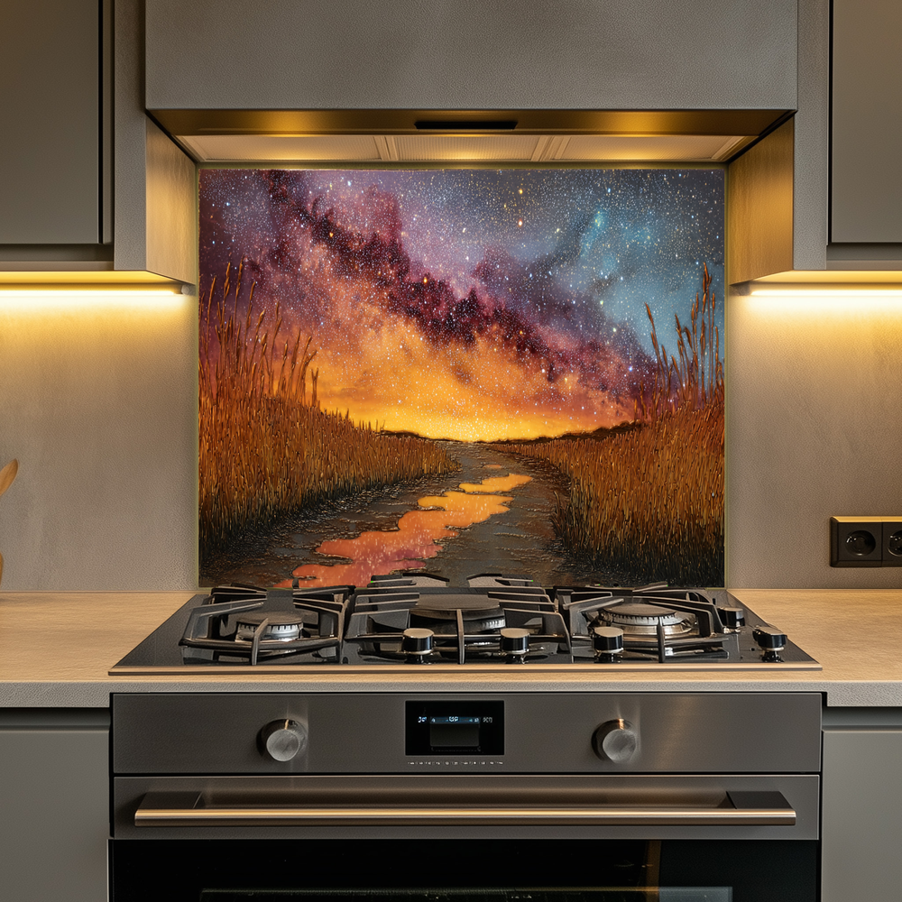 Starry Sky Nature Glass Backsplash • Night Landscape Kitchen Panel • Cosmic Forest Wall Art • Scenic Galaxy Design