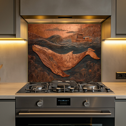 Copper Embossed Look Whale Under Northern Lights Printed Glass Backsplash | Ocean Art Tempered Glass Kitchen Wall Panel,Modern Coastal Decor