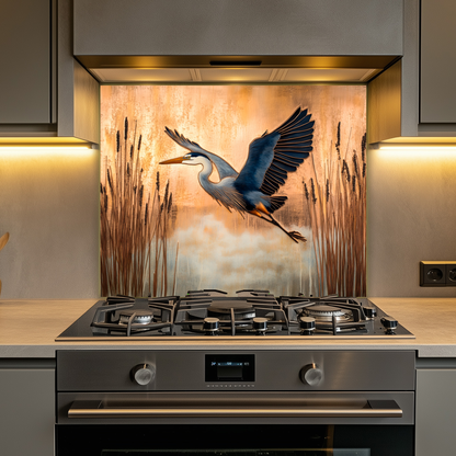 Copper Blue Heron Glass Backsplash Panel, Nature Inspired Kitchen Wall Art, Bird Theme Decorative Glass Tile, Rustic Coastal Home Decor