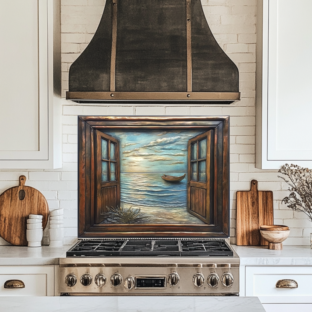 Wooden Window Prints One Piece Tempered Glass Kitchen Splashback For Stove Behind, Kitchen Backsplash, Wall Art