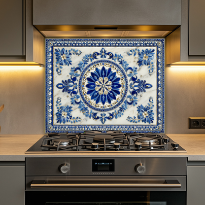 Turkish Tile Pattern Glass Backsplash Panel, Tempered Glass Wall Art, Traditional Anatolian Design, Elegant Kitchen Decor, Stove Protector