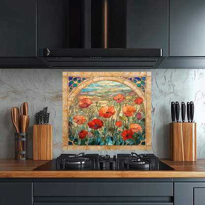 Colorful Poppy Flowers Glass Backsplash • Artistic Floral Kitchen Panel • Bold Botanical Wall Accent • Vibrant Modern Home Decor