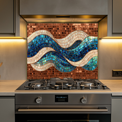 Mosaic Copper Ocean Wave Glass Backsplash • Coastal Wall Art Panel • Artistic Blue Water Kitchen Decor • Textured Nautical Design