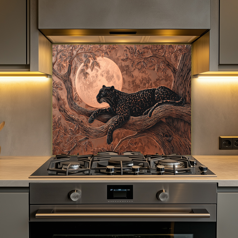 Copper Leopard Nature Glass Backsplash Panel, Tempered Glass Wall Art, Wild Jungle Rustic Kitchen Decor, Animal Print Stove Protector