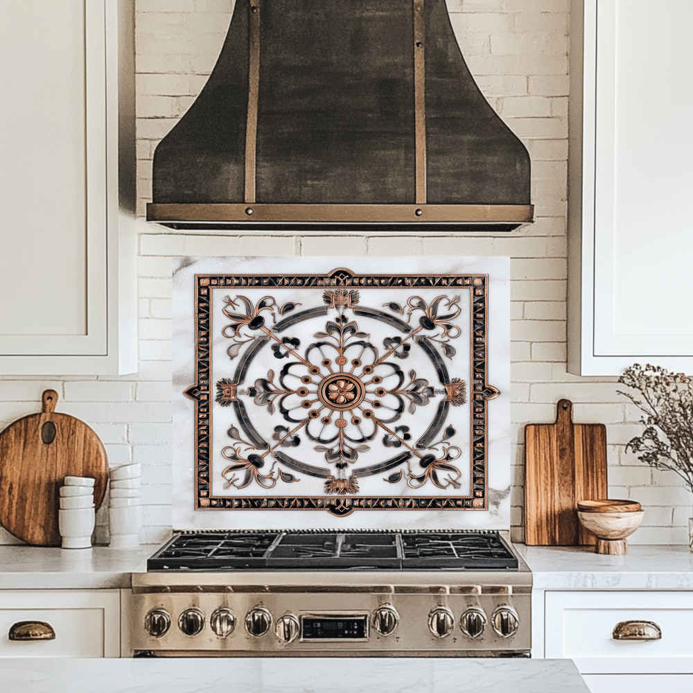 Made in USA Glass Backsplash, Pattern Tile Look One Piece Tempered Glass Kitchen Splashback For Stove Behind, Marble Look Backsplash