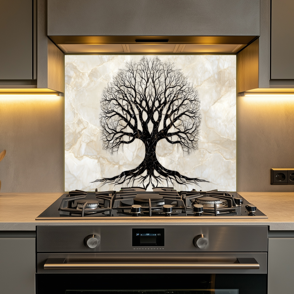 Marble Tree of Life Design Printed Tempered Glass Kitchen Backsplash Splashback Decorative Wall Art Panel for Modern Home Interiors