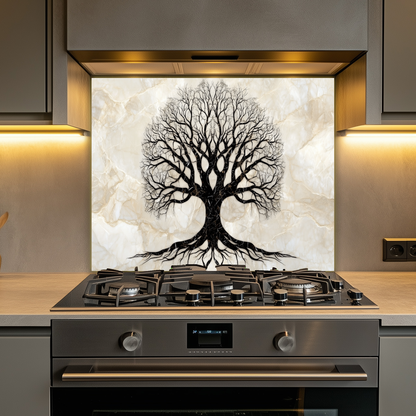 Marble Tree of Life Design Printed Tempered Glass Kitchen Backsplash Splashback Decorative Wall Art Panel for Modern Home Interiors