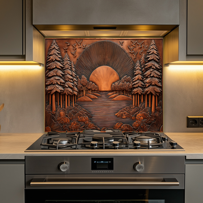 Landscape Design in Copper Look Printed Tempered Glass Kitchen Backsplash Splashback Wall Art Panel